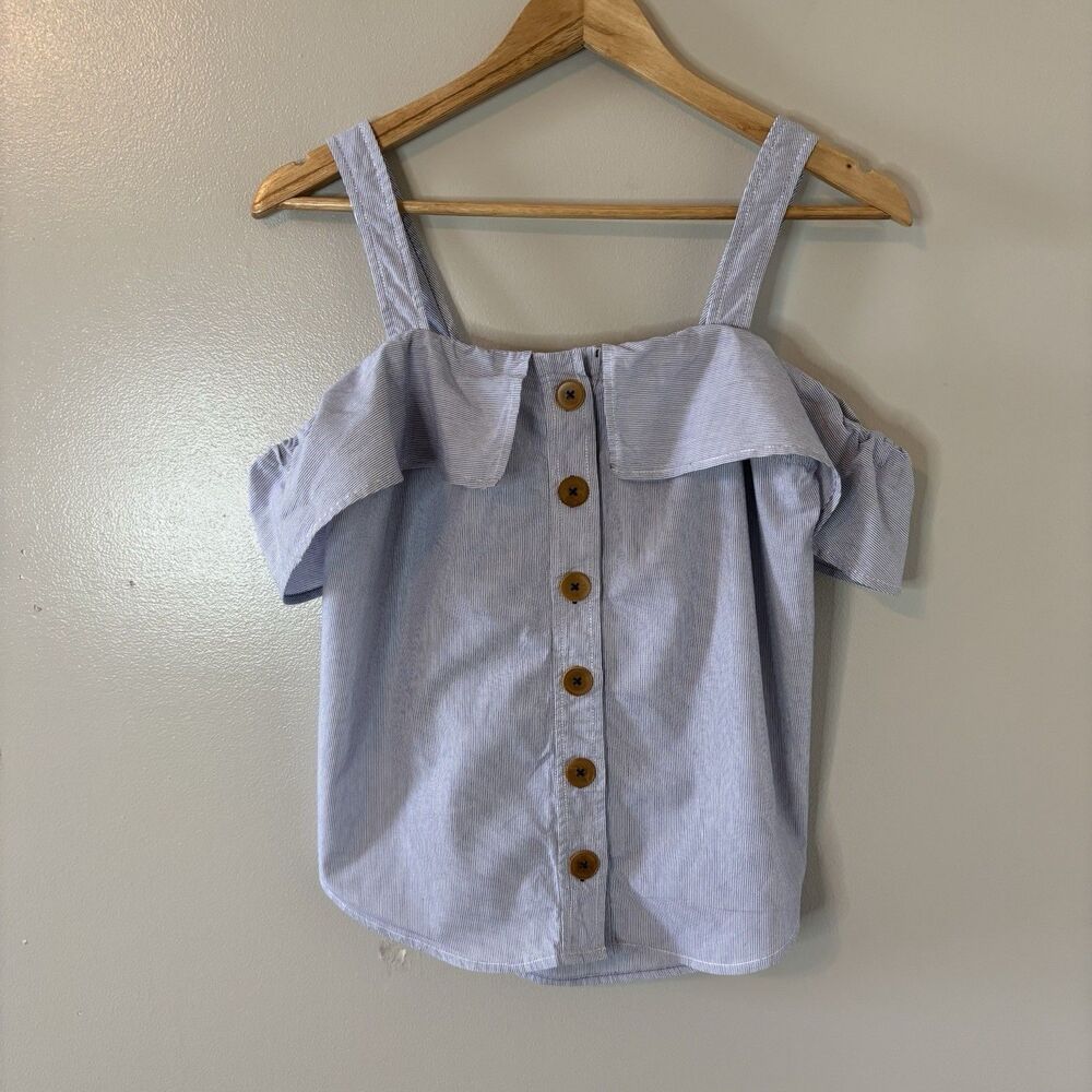 Maeve Anthropologie Blue Pinstripe Top Off The Shoulder Ruffle Button Tank Sz 4